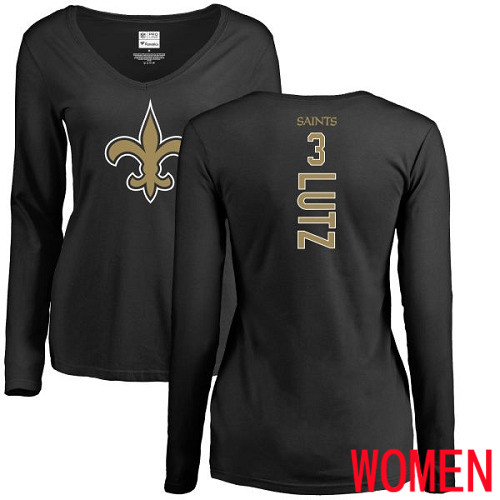 New Orleans Saints Black Women Wil Lutz Backer Slim Fit NFL Football #3 Long Sleeve T Shirt->women nfl jersey->Women Jersey